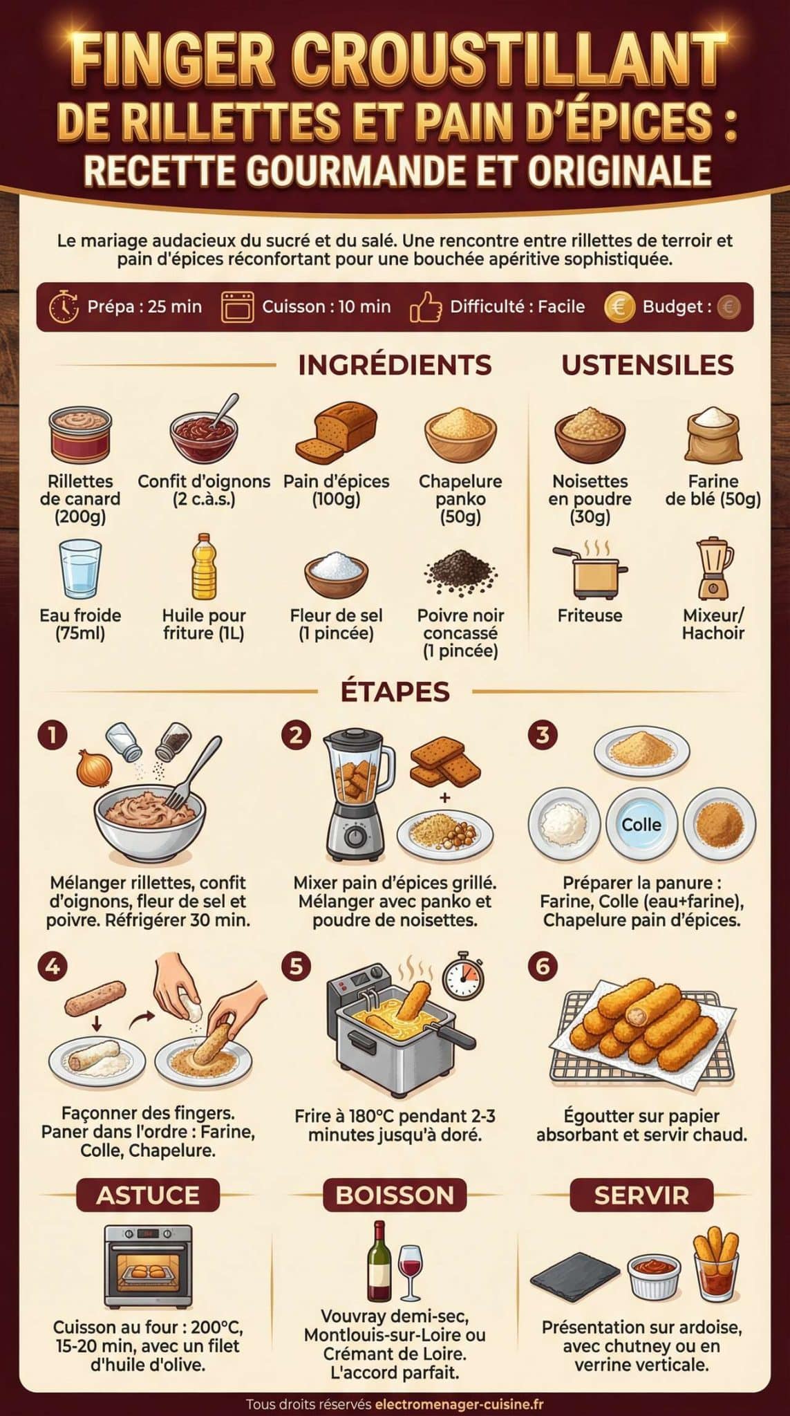 infographie de la recette Finger croustillant de rillettes et pain d'&eacute;pices : recette gourmande et originale