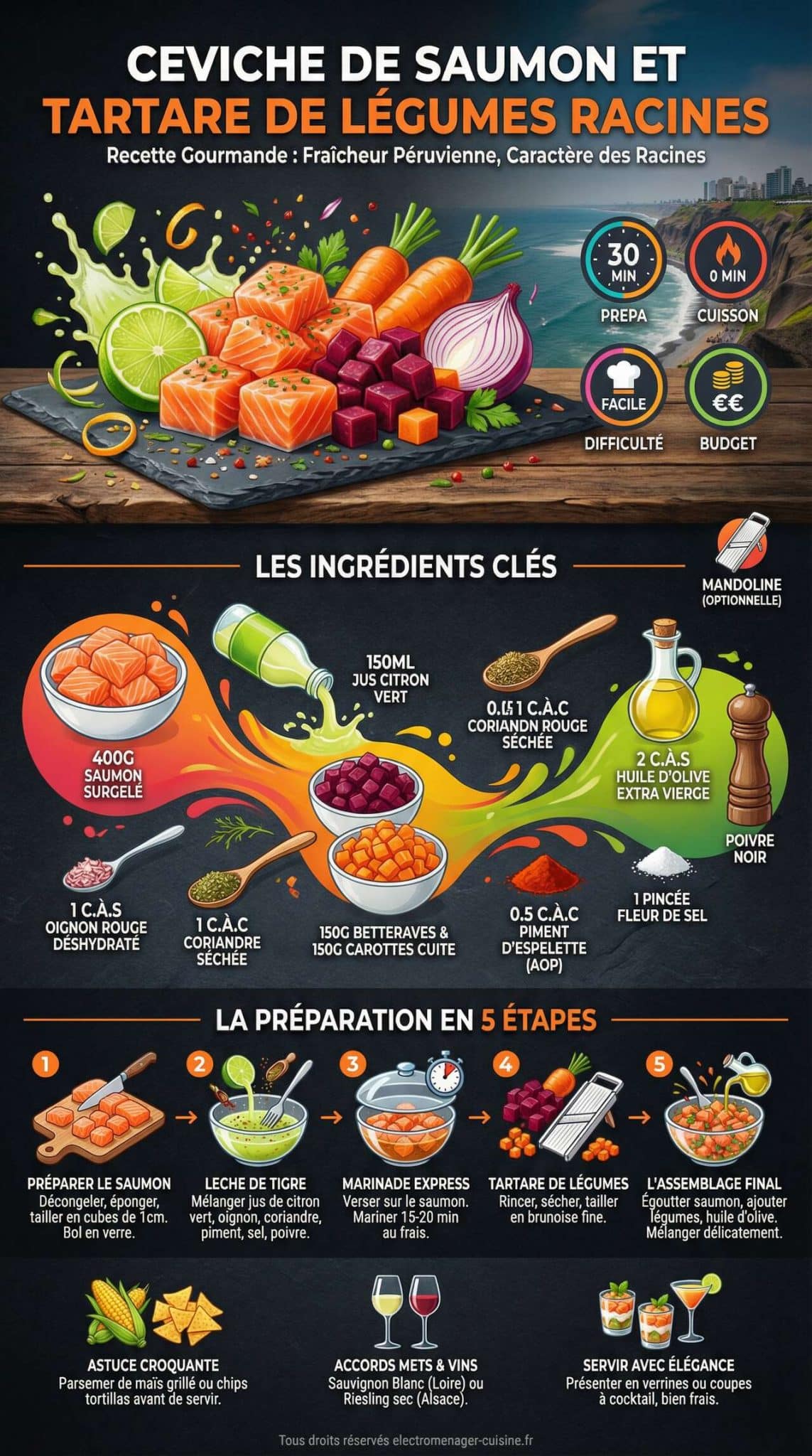infographie de la recette Ceviche de saumon et tartare de l&eacute;gumes racines : recette gourmande