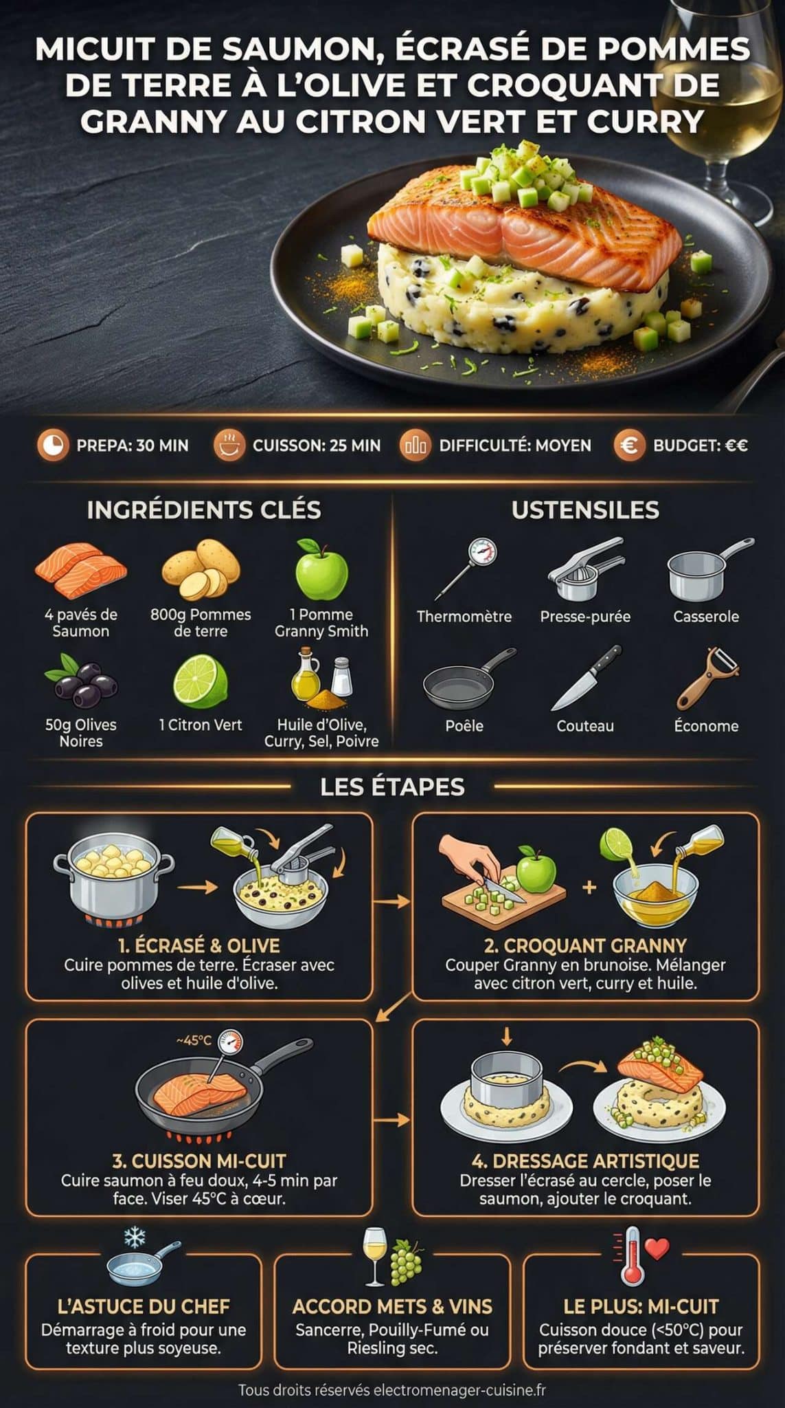 infographie de la recette Micuit de saumon, &eacute;cras&eacute; de pommes de terre &agrave; l'olive et croquant de Granny au citron vert et curry