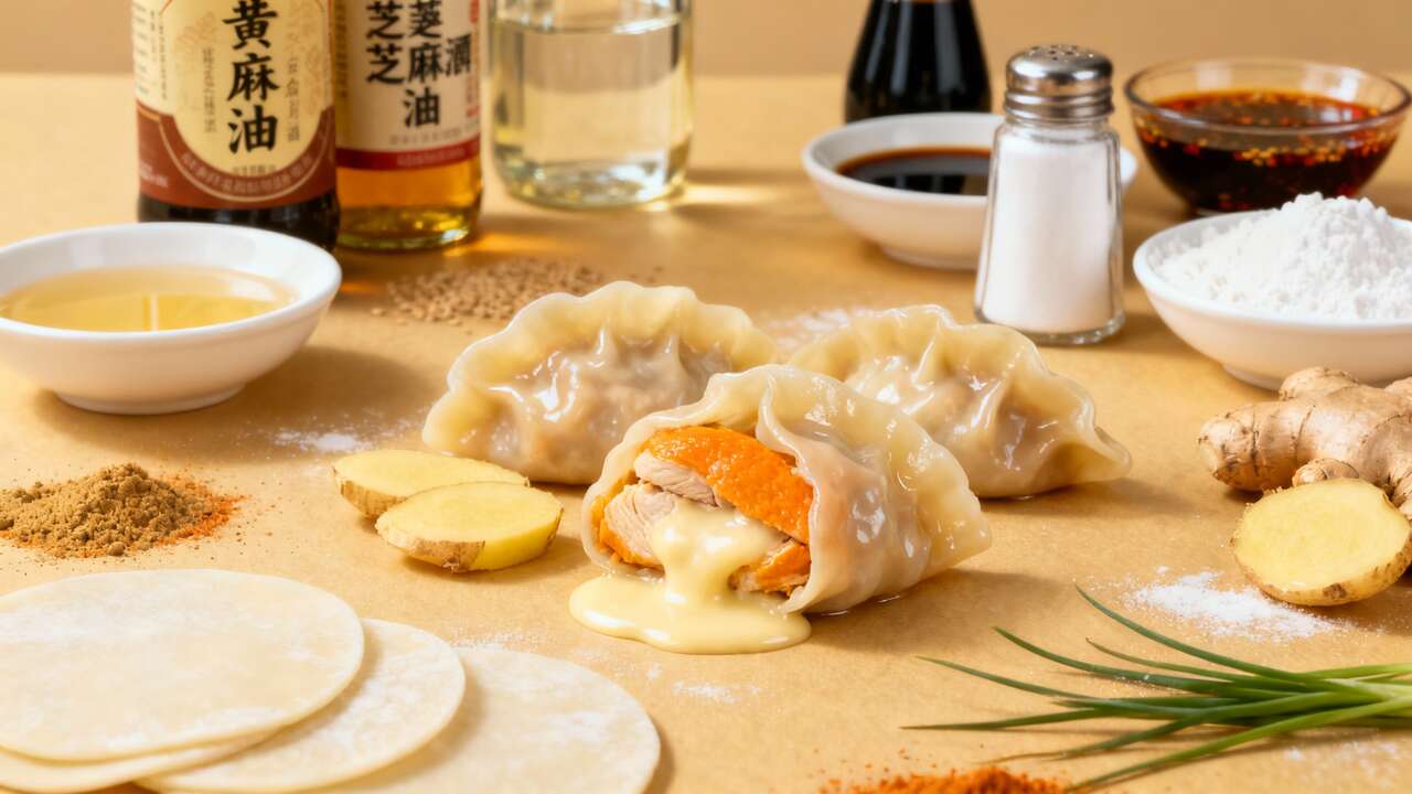 Ravioli chinois au poulet et gingembre, jiaozi crémeux aux épices