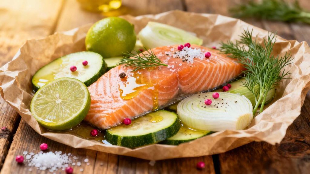 Saumon en papillote au citron vert, courgette et fenouil