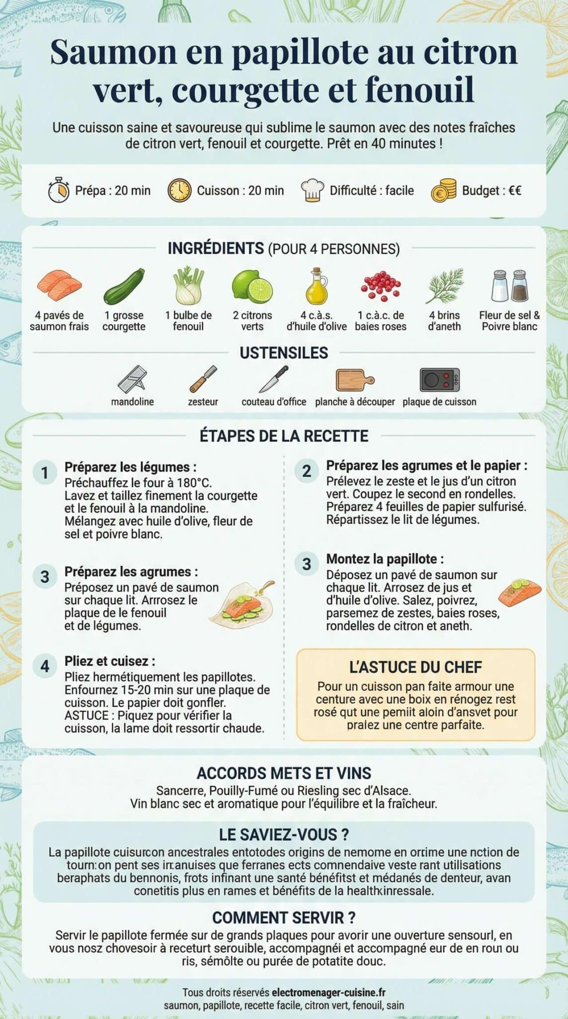 Infographie de la recette Saumon en papillote au citron vert, courgette et fenouil