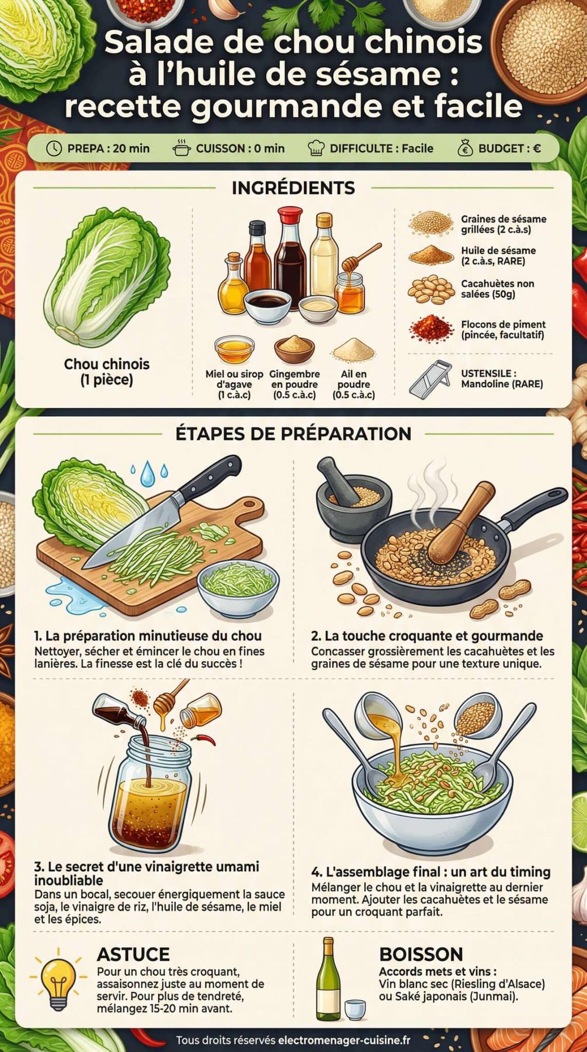 Infographie de la recette Salade de chou chinois à l'huile de sésame : recette gourmande et facile Infographie de la recette Salade de chou chinois à l'huile de sésame : recette gourmande et facile