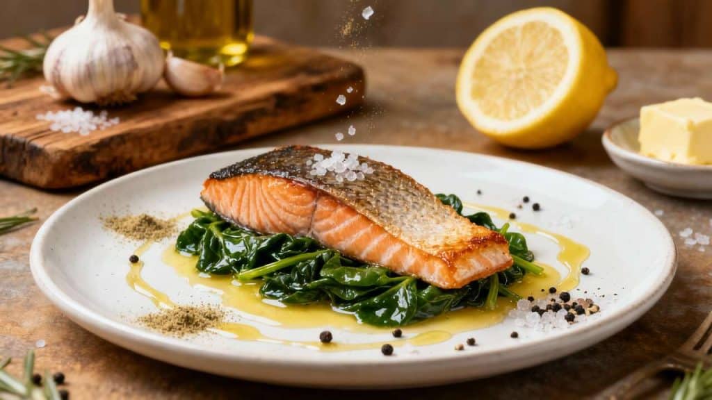 Pavé de saumon à l'unilatérale, tombée d'épinards au beurre : recette savoureuse