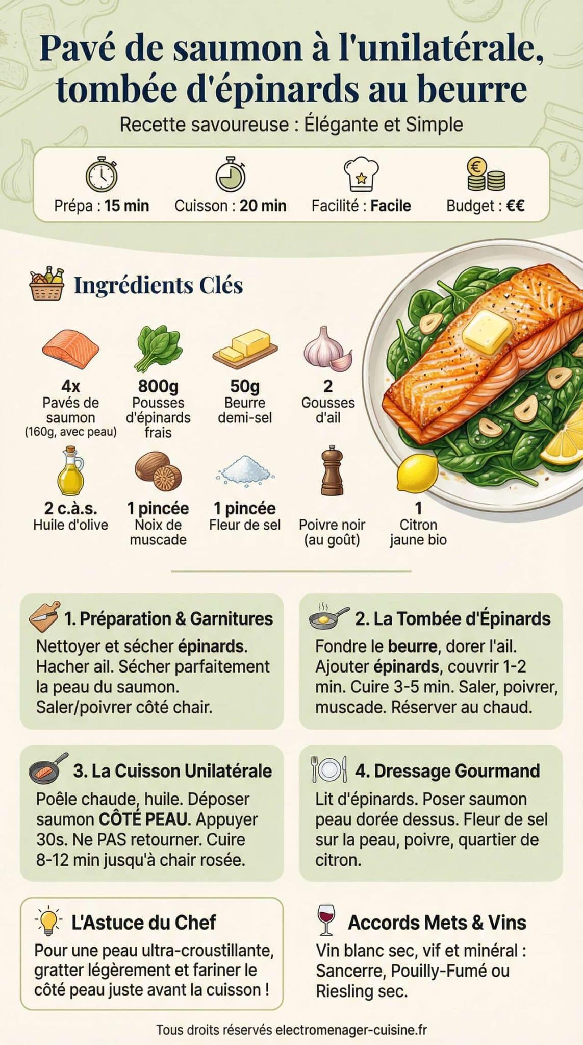 Infographie de la recette Pav&eacute; de saumon &agrave; l'unilat&eacute;rale, tomb&eacute;e d'&eacute;pinards au beurre : recette savoureuse