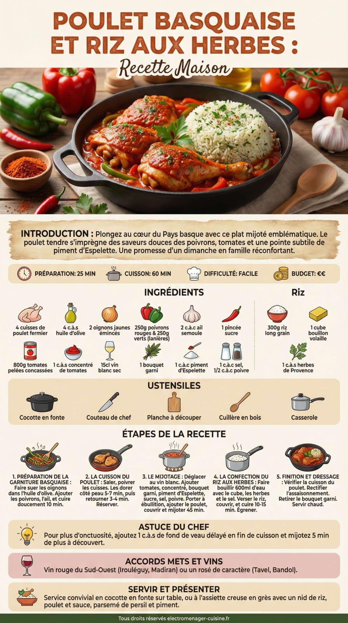 Infographie de la recette Poulet Basquaise et Riz aux Herbes : recette Maison