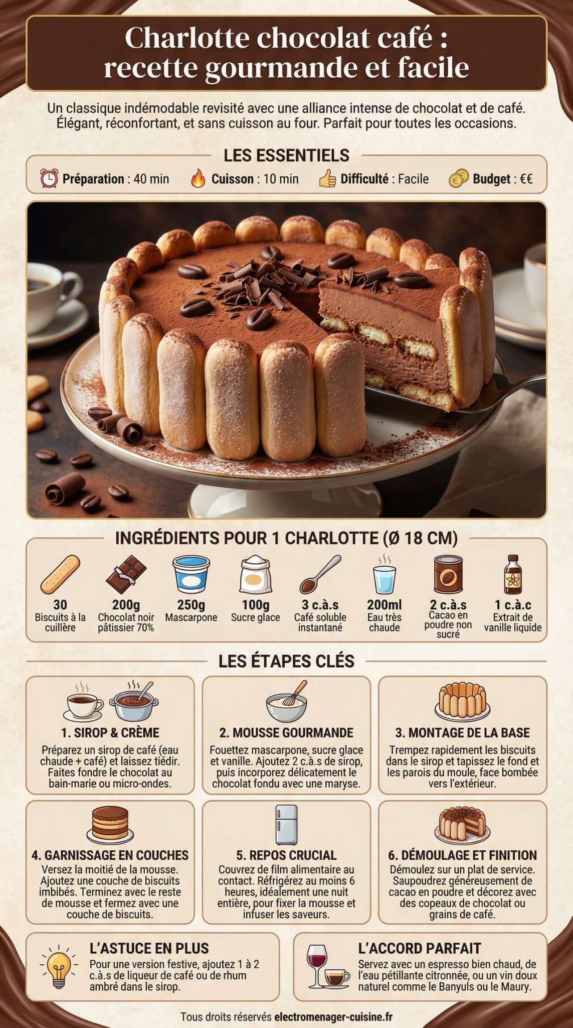 Infographie de la recette Charlotte chocolat caf&eacute; : recette gourmande et facile