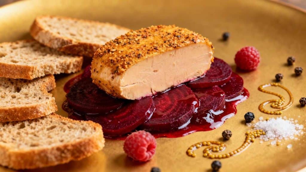 Foie gras pané au pain d'épices : salade de betteraves et vinaigrette framboisée