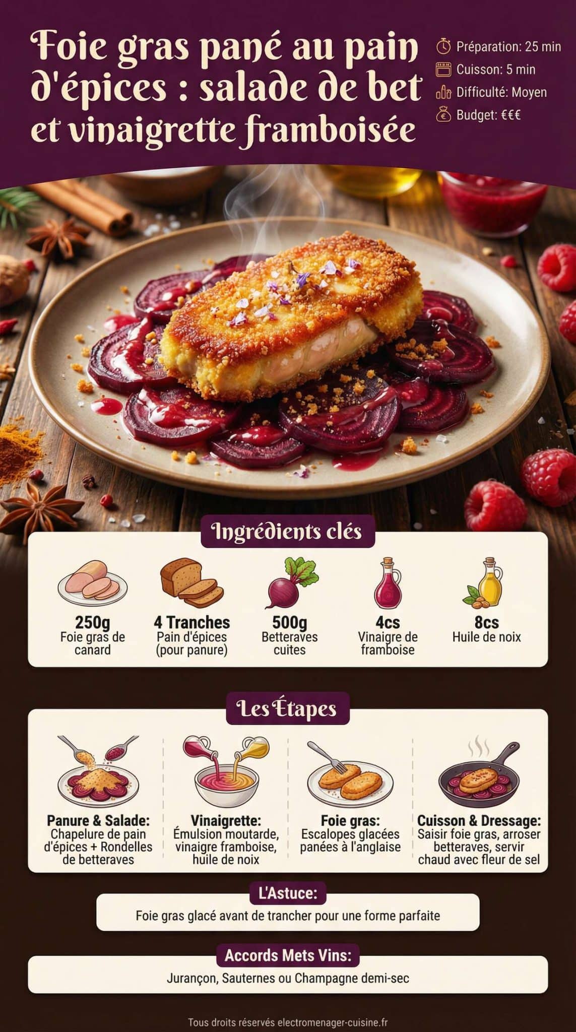 Infographie de la recette Foie gras pan&eacute; au pain d'&eacute;pices : salade de betteraves et vinaigrette frambois&eacute;e