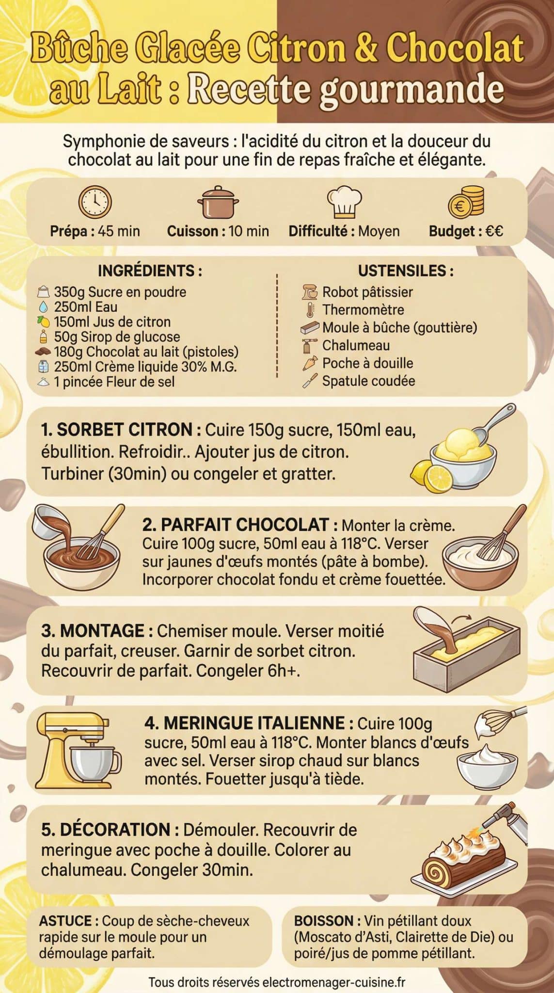 Infographie de la recette B&ucirc;che glac&eacute;e au citron et chocolat au lait : recette gourmande