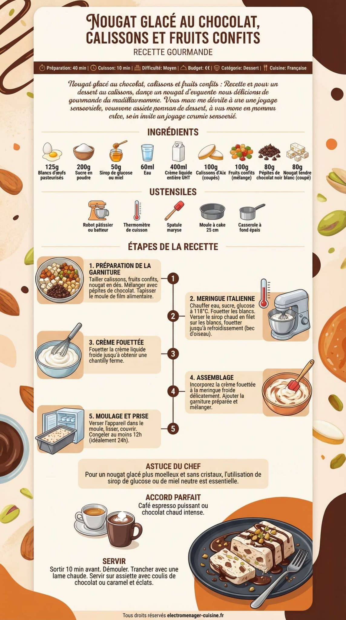 Infographie de la recette Nougat glac&eacute; au chocolat, calissons et fruits confits : recette gourmande