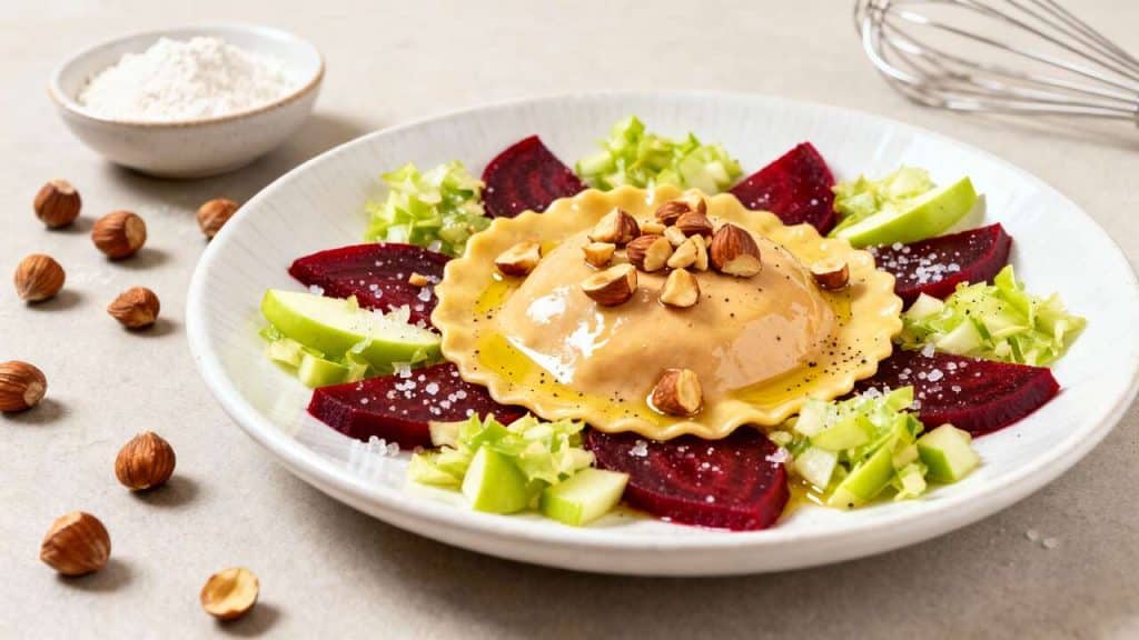 Raviole de foie gras à la noisette, betterave croquante et salade Granny