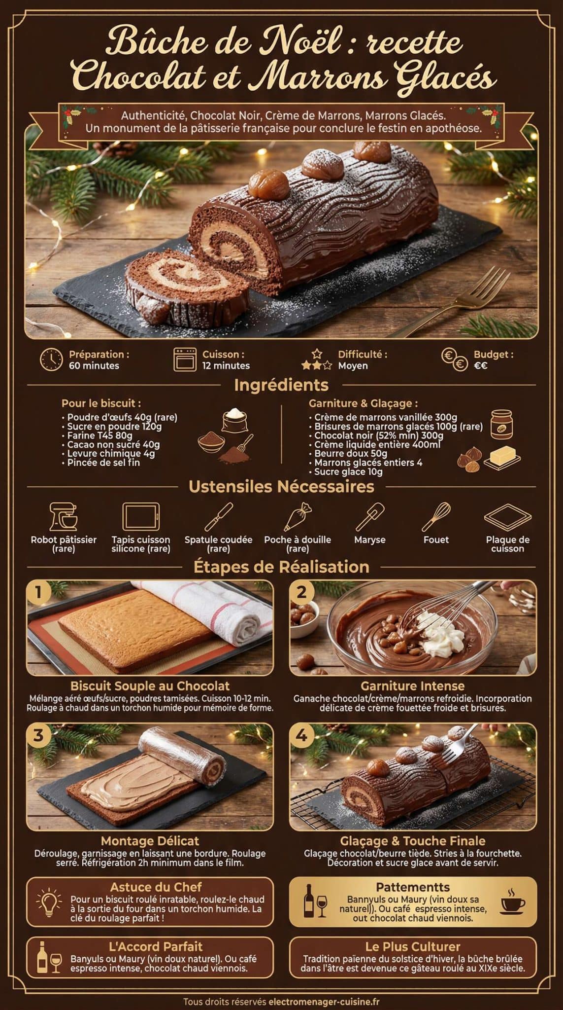 Infographie de la recette B&ucirc;che de No&euml;l : recette Chocolat et Marrons Glac&eacute;s