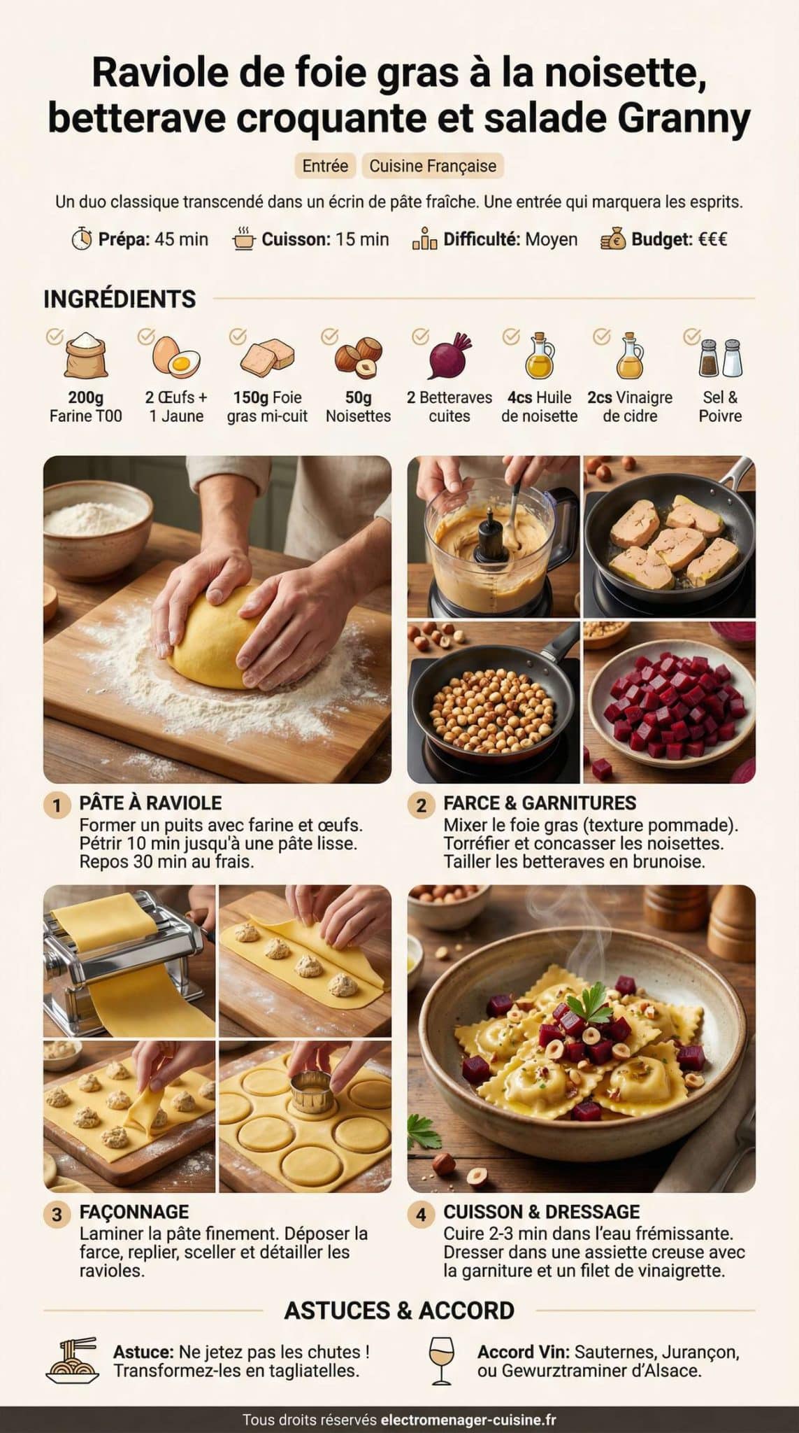 Infographie de la recette Raviole de foie gras &agrave; la noisette, betterave croquante et salade Granny