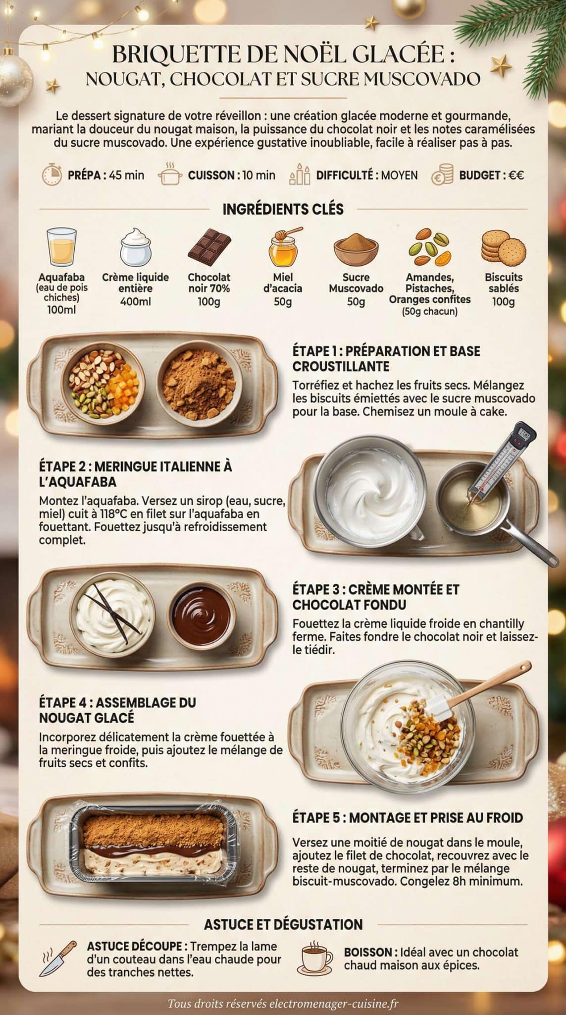 Infographie de la recette Briquette de No&euml;l glac&eacute;e : nougat, chocolat et sucre muscovado