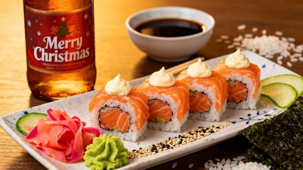 Maki de saumon mariné à la bière de Noël et crème de raifort