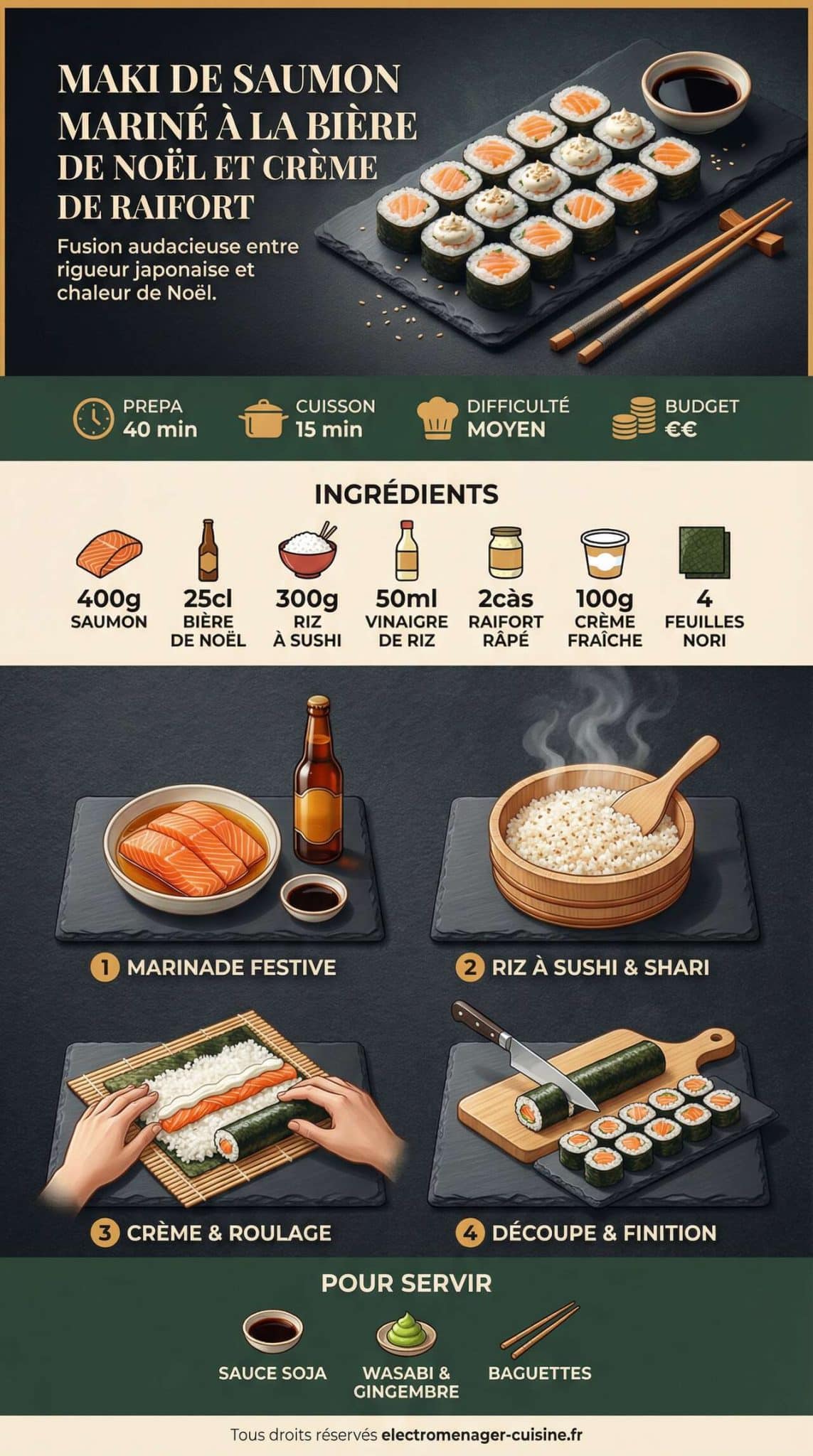 Infographie de la recette Maki de saumon marin&eacute; &agrave; la bi&egrave;re de No&euml;l et cr&egrave;me de raifort