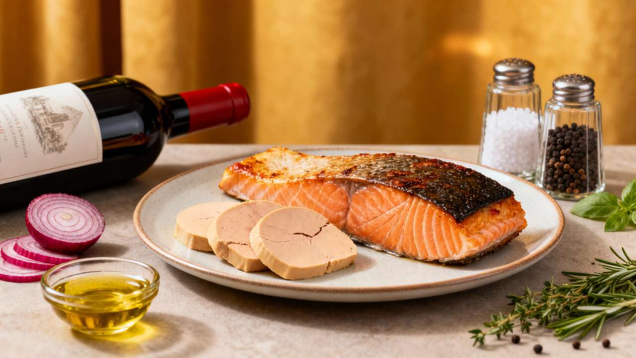 Saumon Unilatéral et Foie Gras Poché au Vin Rouge : recette Gourmande
