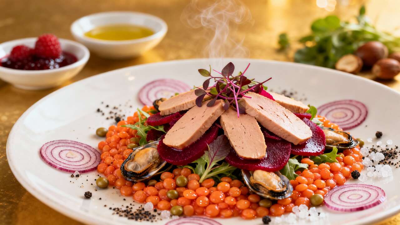 Salade d'huîtres et lentilles corail, foie gras et émulsion de betterave