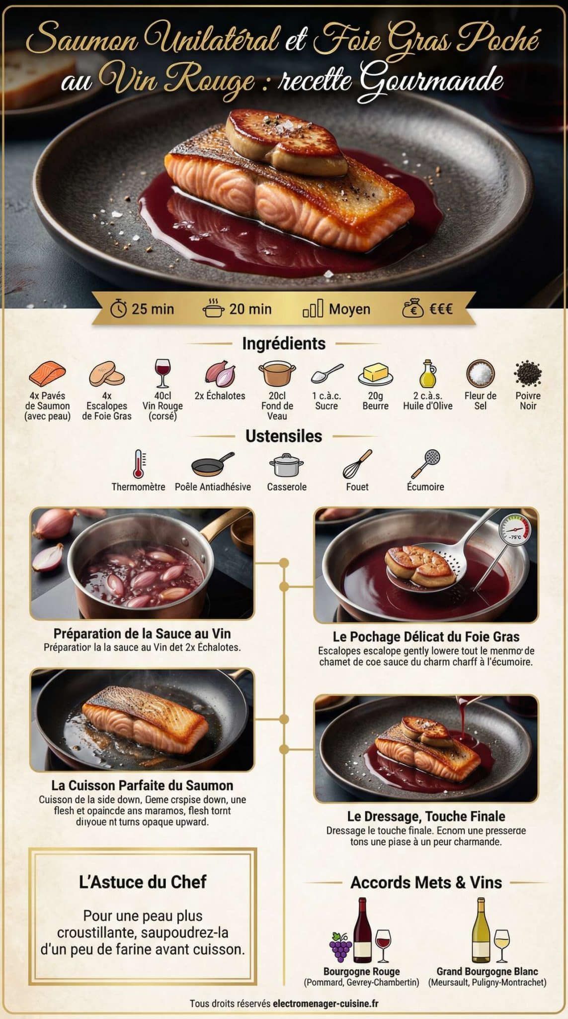 Infographie de la recette Saumon Unilat&eacute;ral et Foie Gras Poch&eacute; au Vin Rouge : recette Gourmande