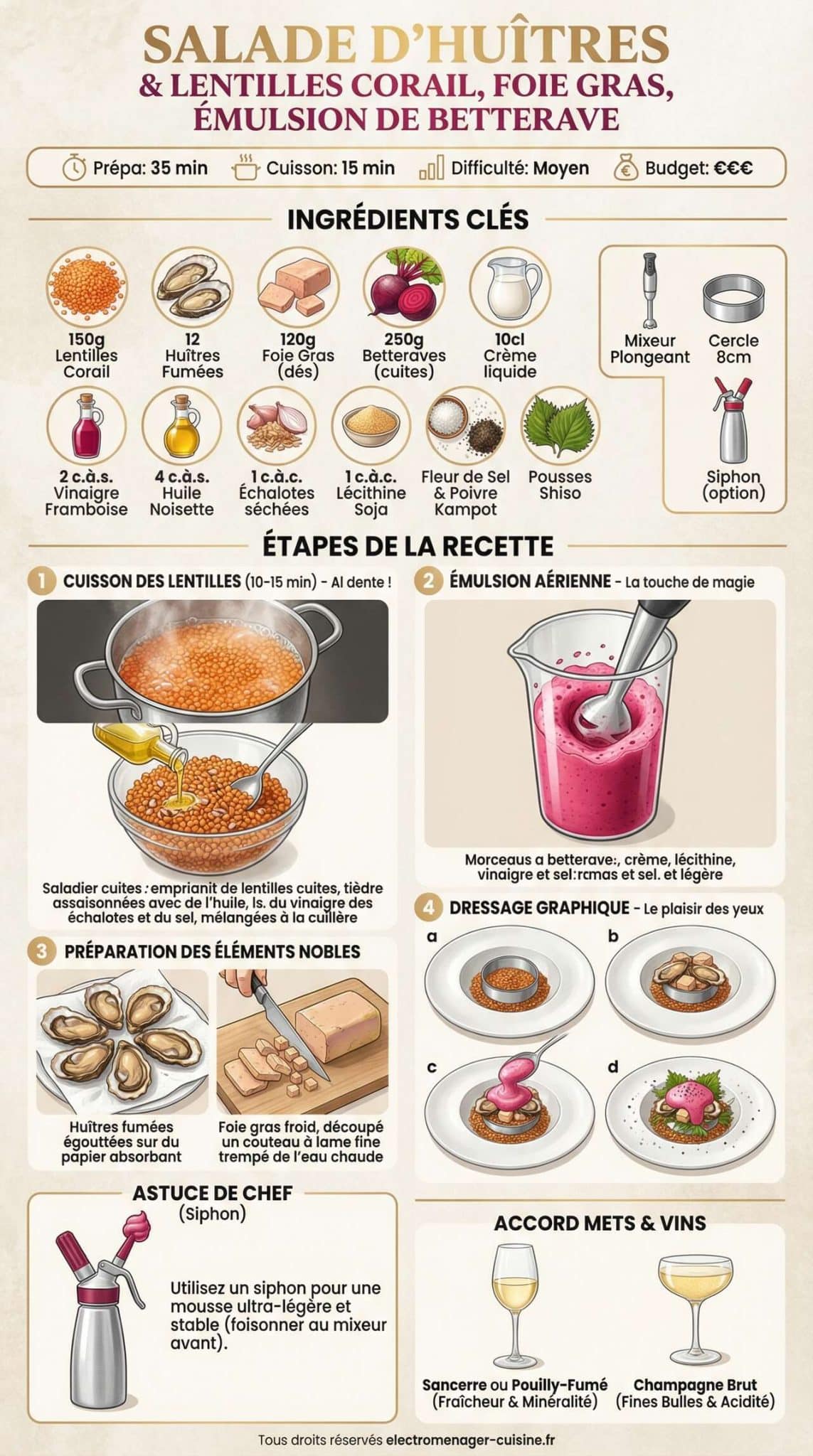 Infographie de la recette Salade d'hu&icirc;tres et lentilles corail, foie gras et &eacute;mulsion de betterave
