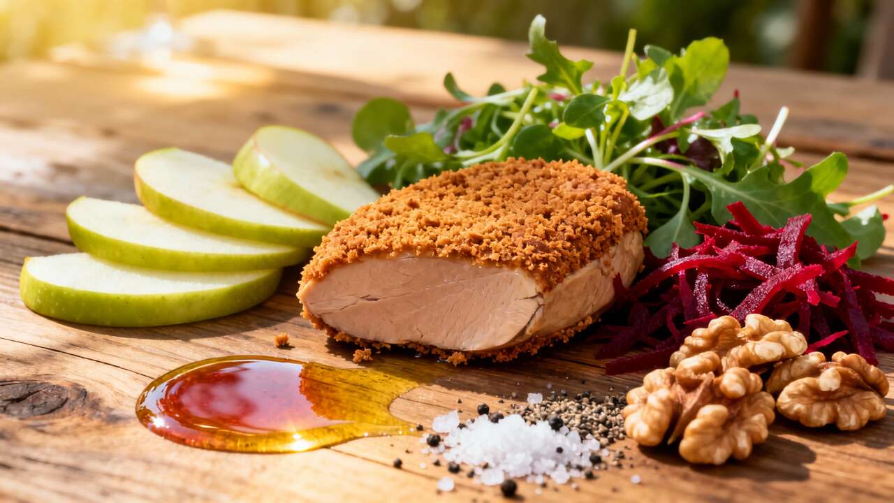 Foie gras pané au pain d'épice : salade de pomme et vinaigrette de betterave crue