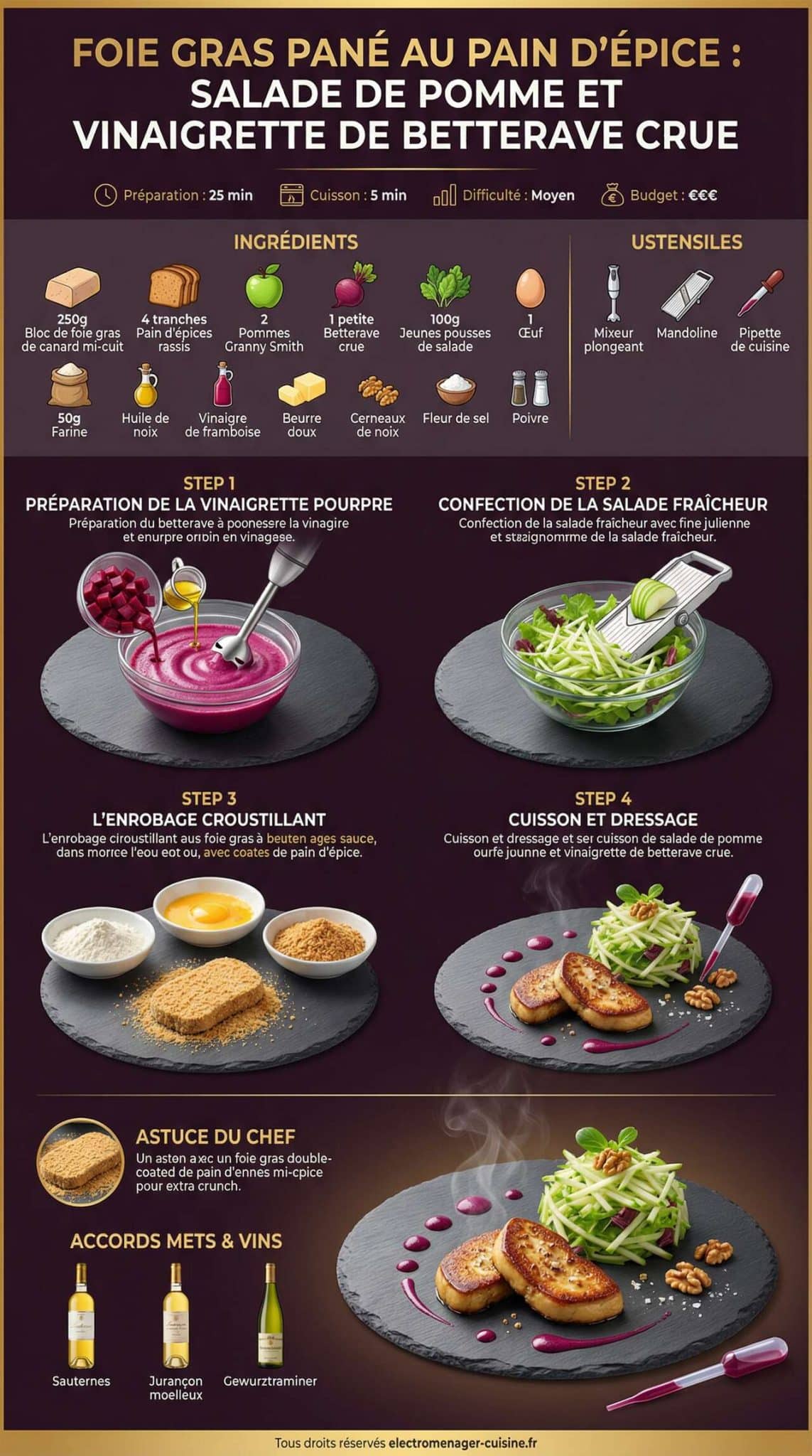 Fiche recette Foie gras pan&eacute; au pain d'&eacute;pice : salade de pomme et vinaigrette de betterave crue
