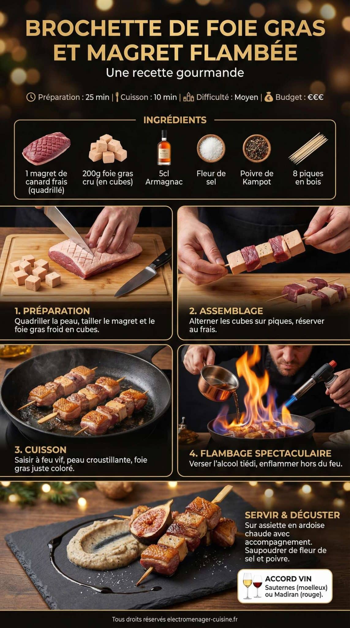 Fiche recette Brochette de foie gras et magret flamb&eacute;e : une recette gourmande