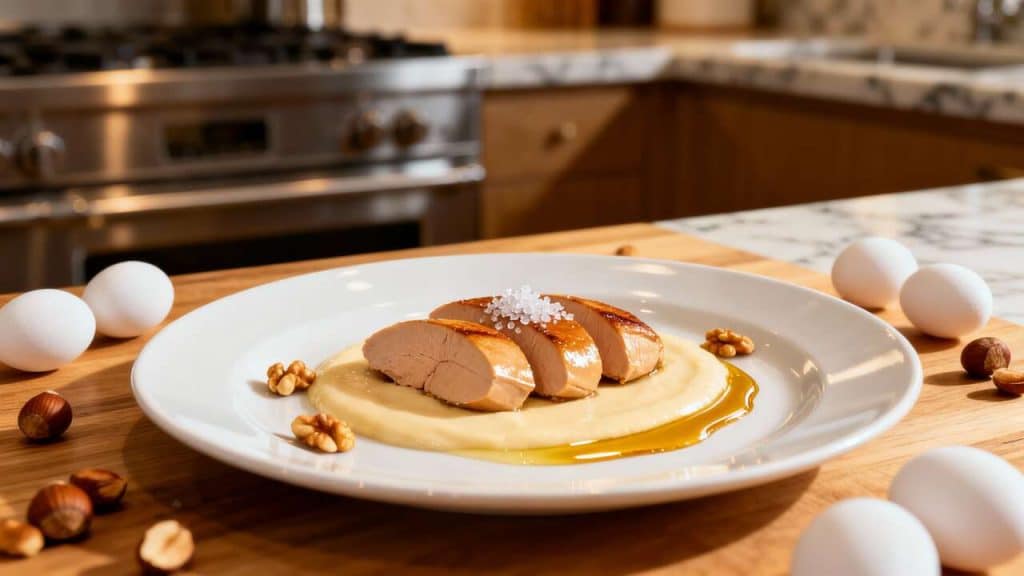 Royale de foie gras : recette raffinée au jus de poulette et huile de noisette