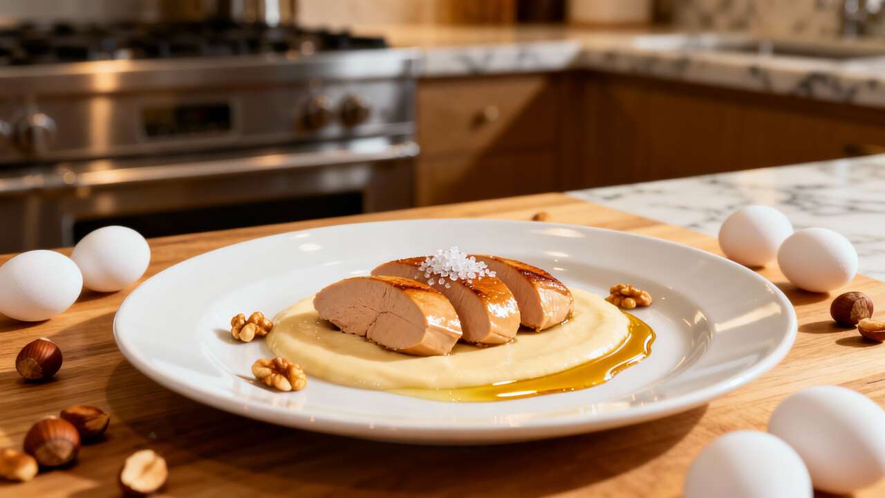 Royale de foie gras : recette raffinée au jus de poulette et huile de noisette