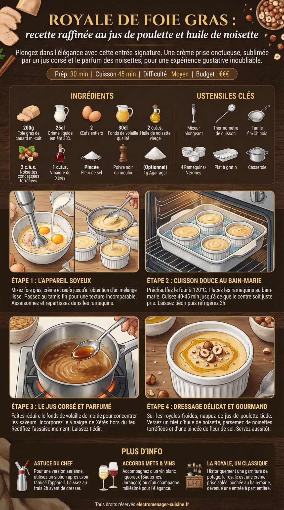 Fiche recette Royale de foie gras : recette raffin&eacute;e au jus de poulette et huile de noisette