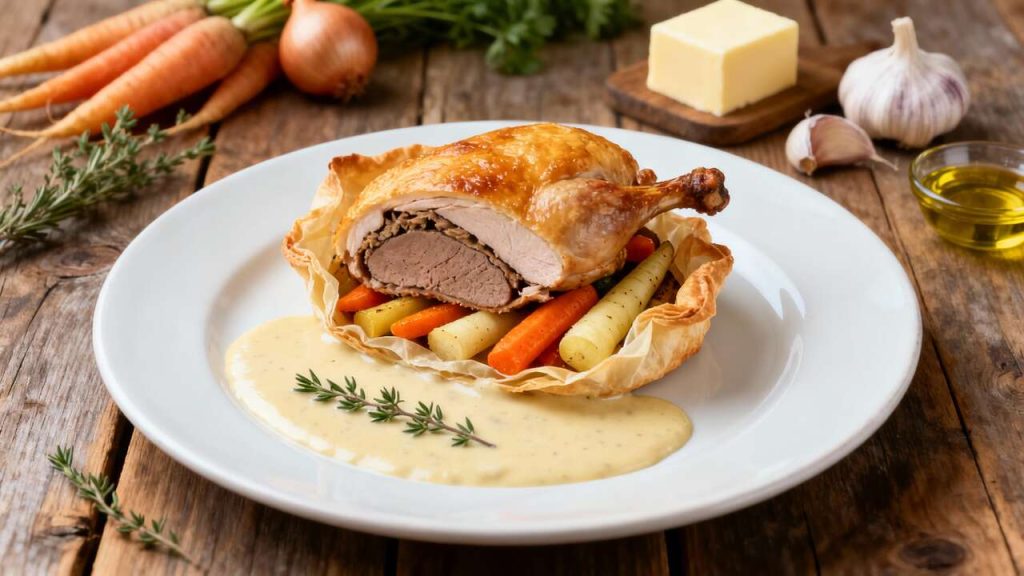 Filet de volaille farci au foie gras, légumes racines en papillote et crème de poulette