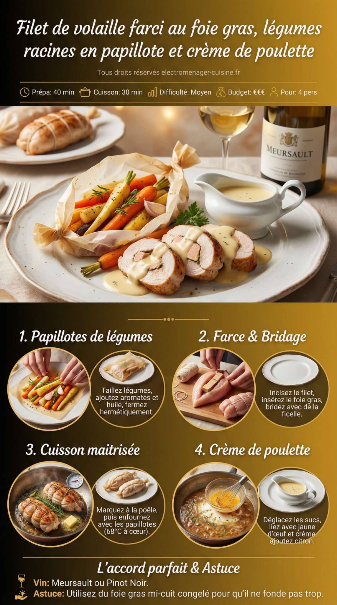 Fiche recette Filet de volaille farci au foie gras, l&eacute;gumes racines en papillote et cr&egrave;me de poulette