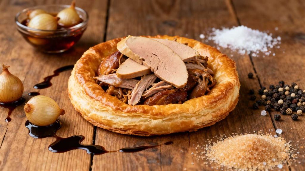 Tarte inversée confit de canard et foie gras : recette gourmande