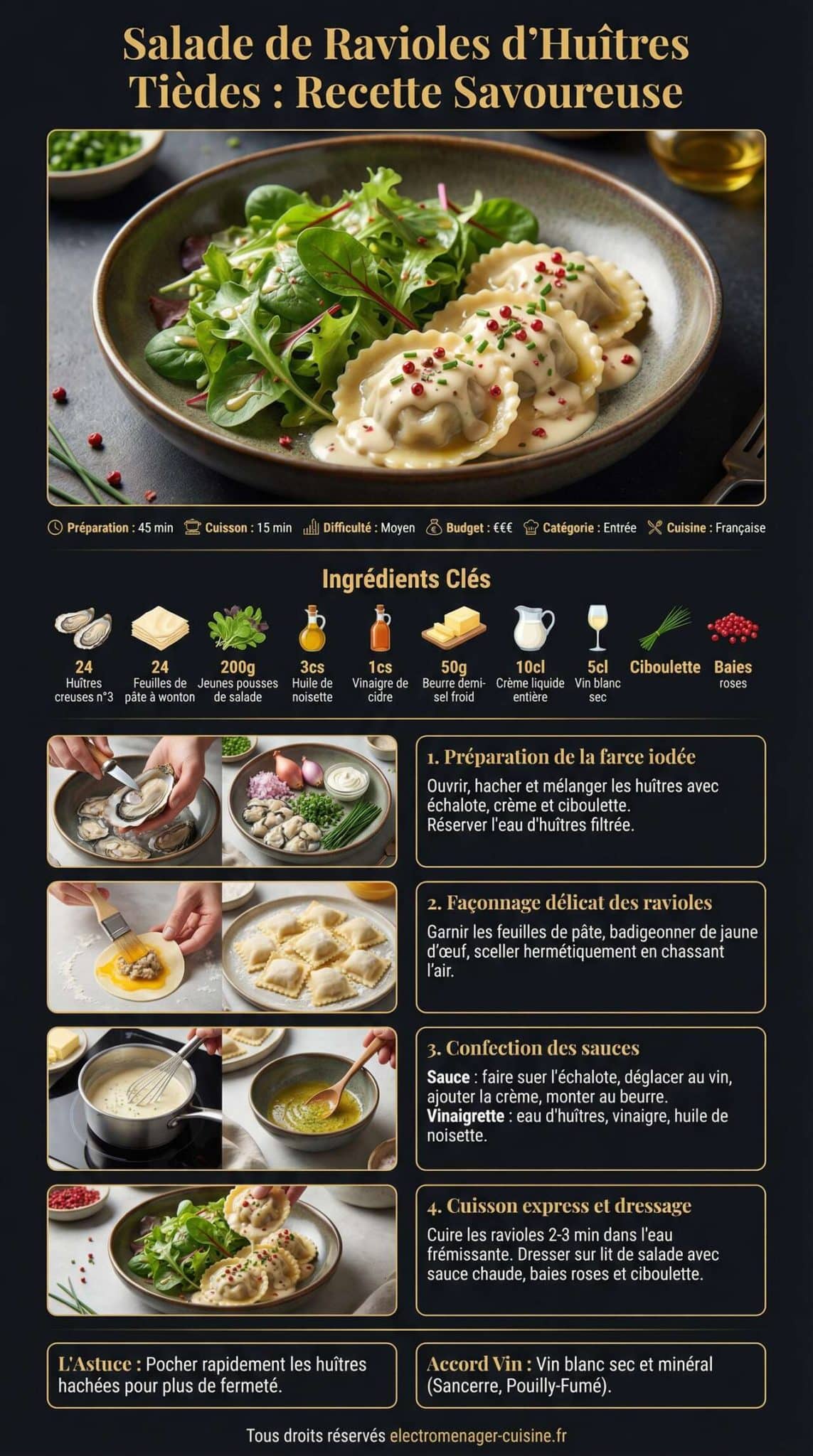 Fiche recette Salade de Ravioles d'Hu&icirc;tres Ti&egrave;des : recette Savoureuse