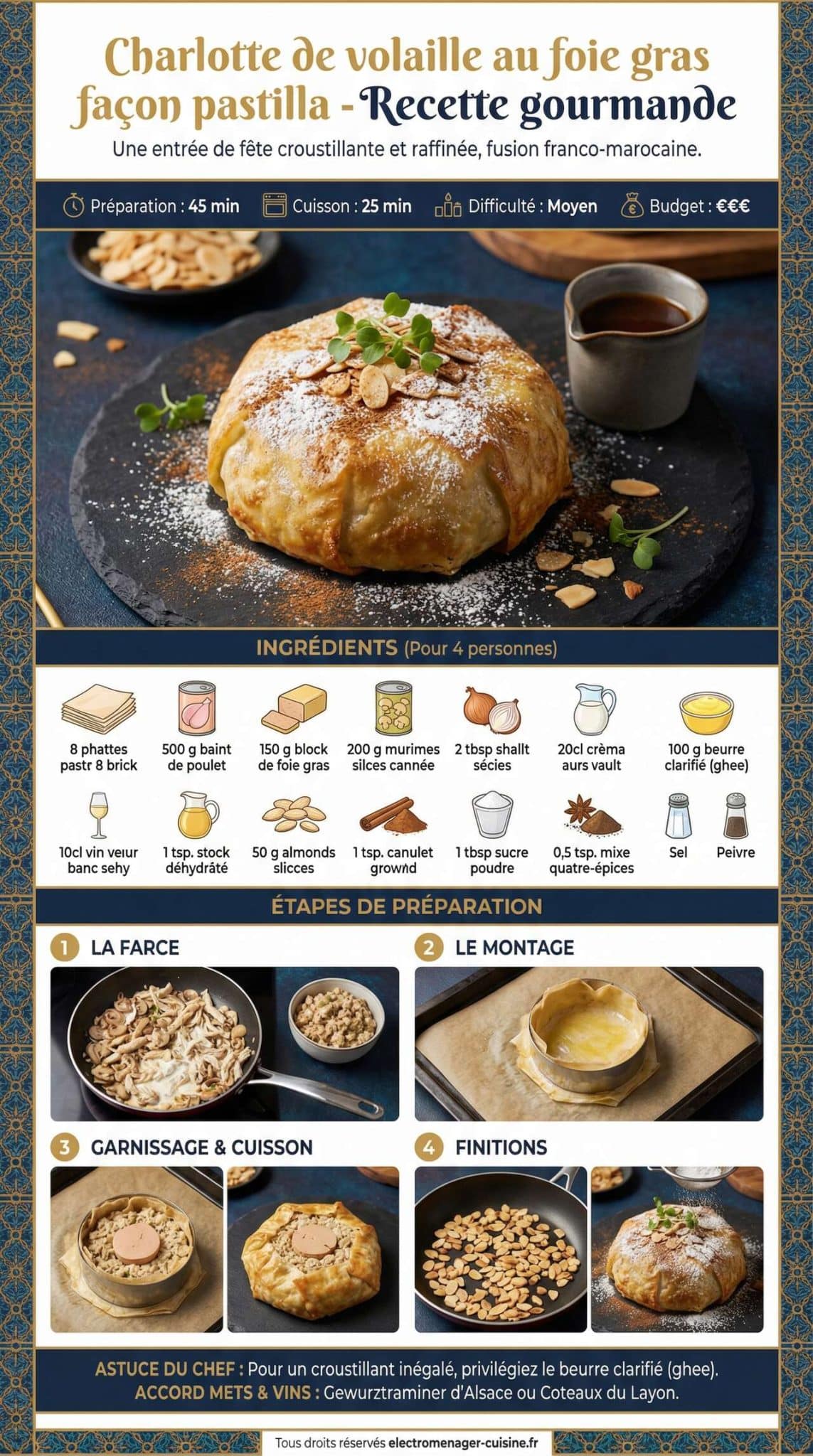 Fiche recette Charlotte de volaille au foie gras fa&ccedil;on pastilla - Recette gourmande