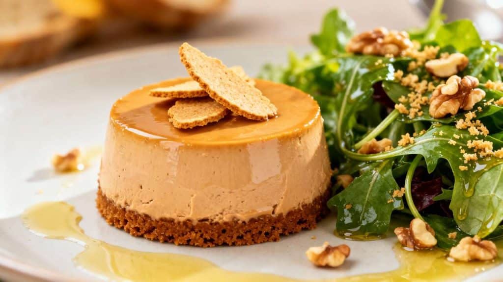 Recette de flan au foie gras et pain d'épices, salade à l'huile de noix