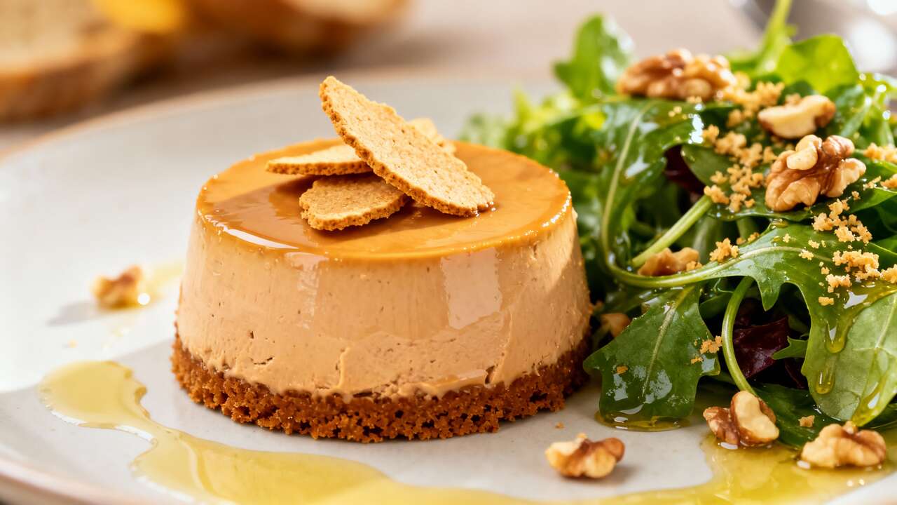 Recette de flan au foie gras et pain d'épices, salade à l'huile de noix
