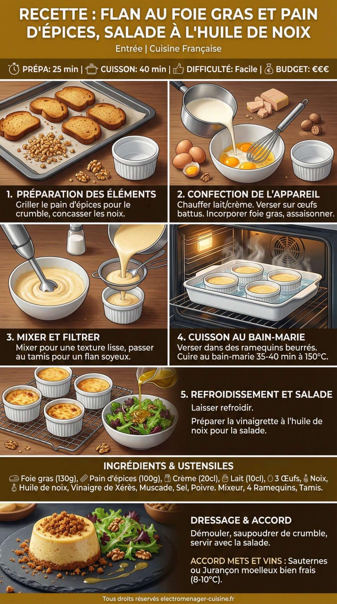 Fiche recette Recette de flan au foie gras et pain d'&eacute;pices, salade &agrave; l'huile de noix