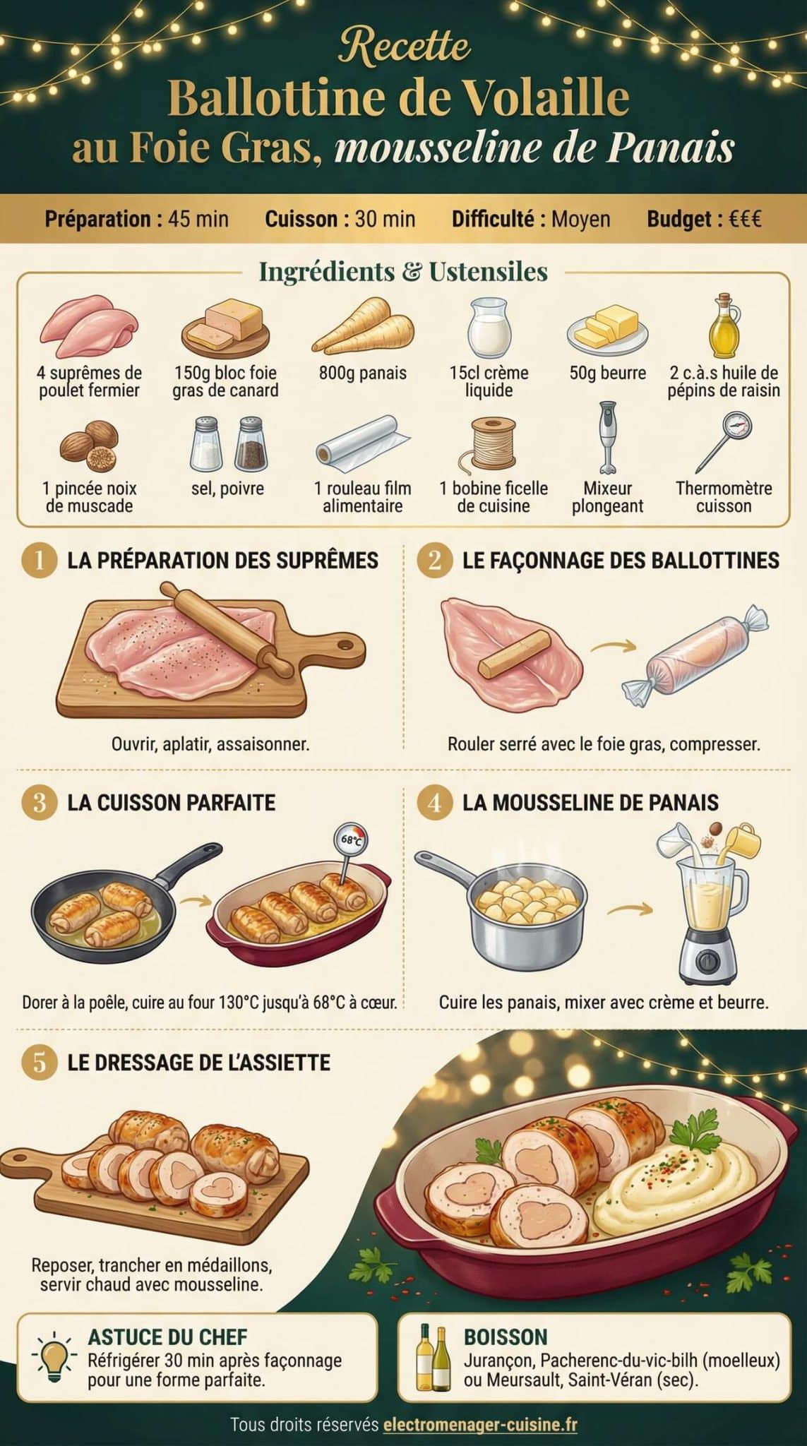 Fiche recette Recette Ballottine de Volaille au Foie Gras, mousseline de Panais