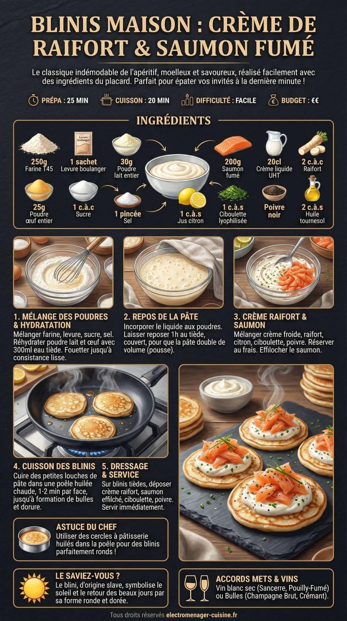 Fiche recette Blinis maison : cr&egrave;me de raifort et saumon fum&eacute;
