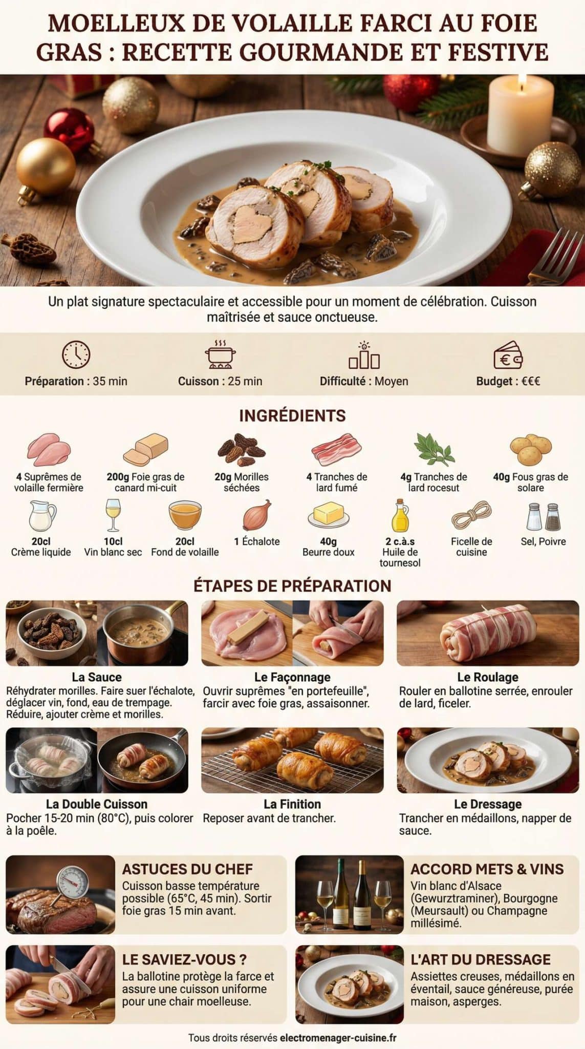 Fiche recette Moelleux de volaille farci au foie gras : recette gourmande et festive