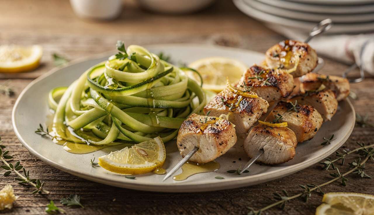 Brochettes de poulet au citron confit et tagliatelles de courgettes : recette savoureuse et facile