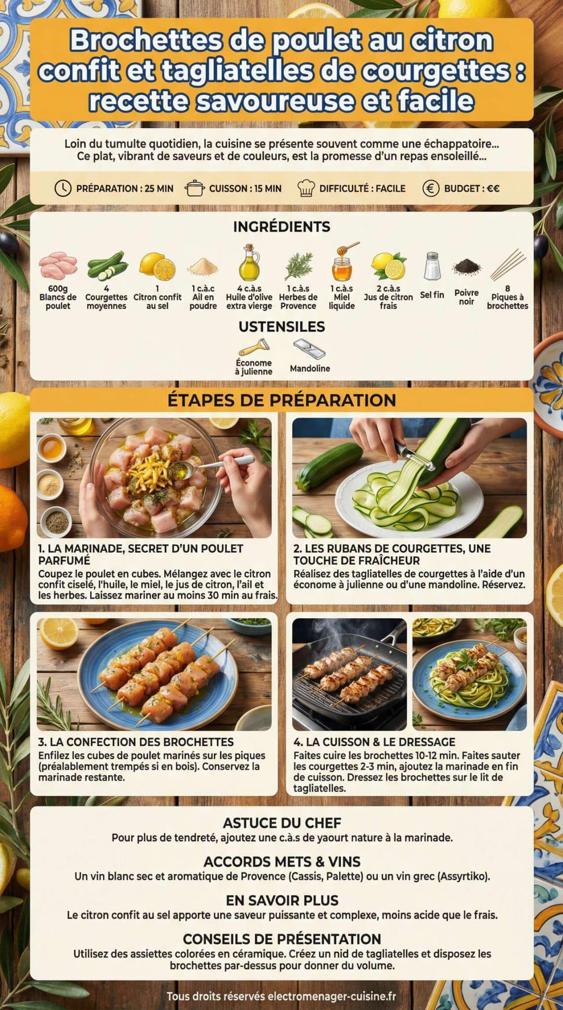 Fiche recette Brochettes de poulet au citron confit et tagliatelles de courgettes : recette savoureuse et facile