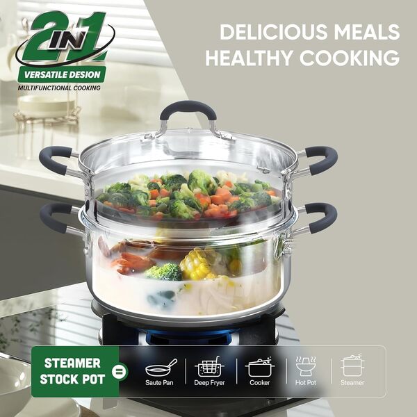 SUNHOUSE - Cuiseur vapeur de 3,2 litres avec couvercle à 2 niveaux multifonction en acier inoxydable avec poignée pour légumes, boulettes, sauces, aliments – Triple fond, ligne de mesure