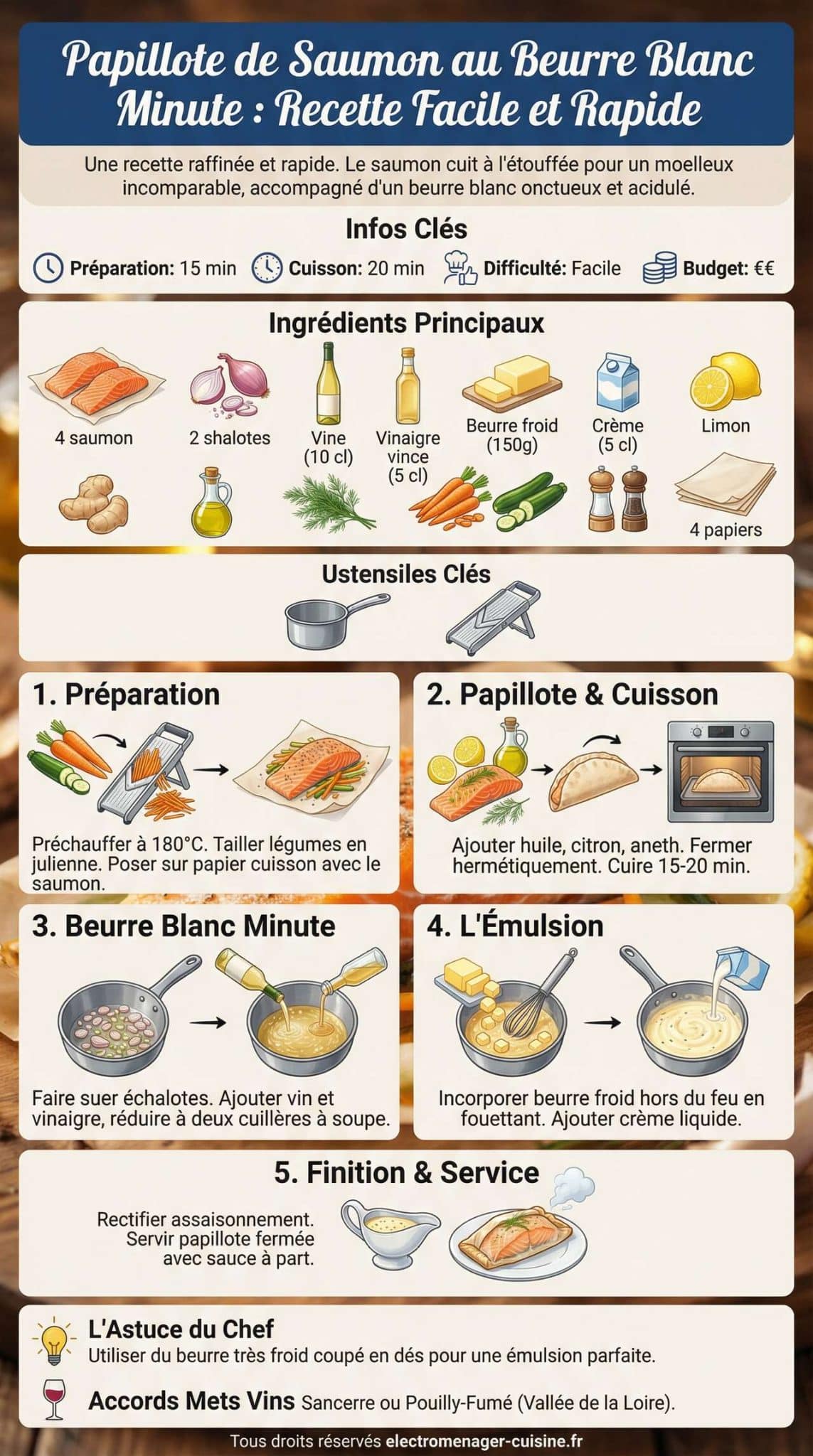 Fiche recette Papillote de saumon au beurre blanc minute : recette facile et rapide