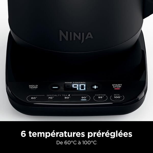 Ninja Perfect Temperature, Bouilloire, 1,7 L, avec contrôle de la température, affichage LED, bouilloire facile à utiliser avec ébullition rapide, maintien de la température, Noir Mat, KT200EU
