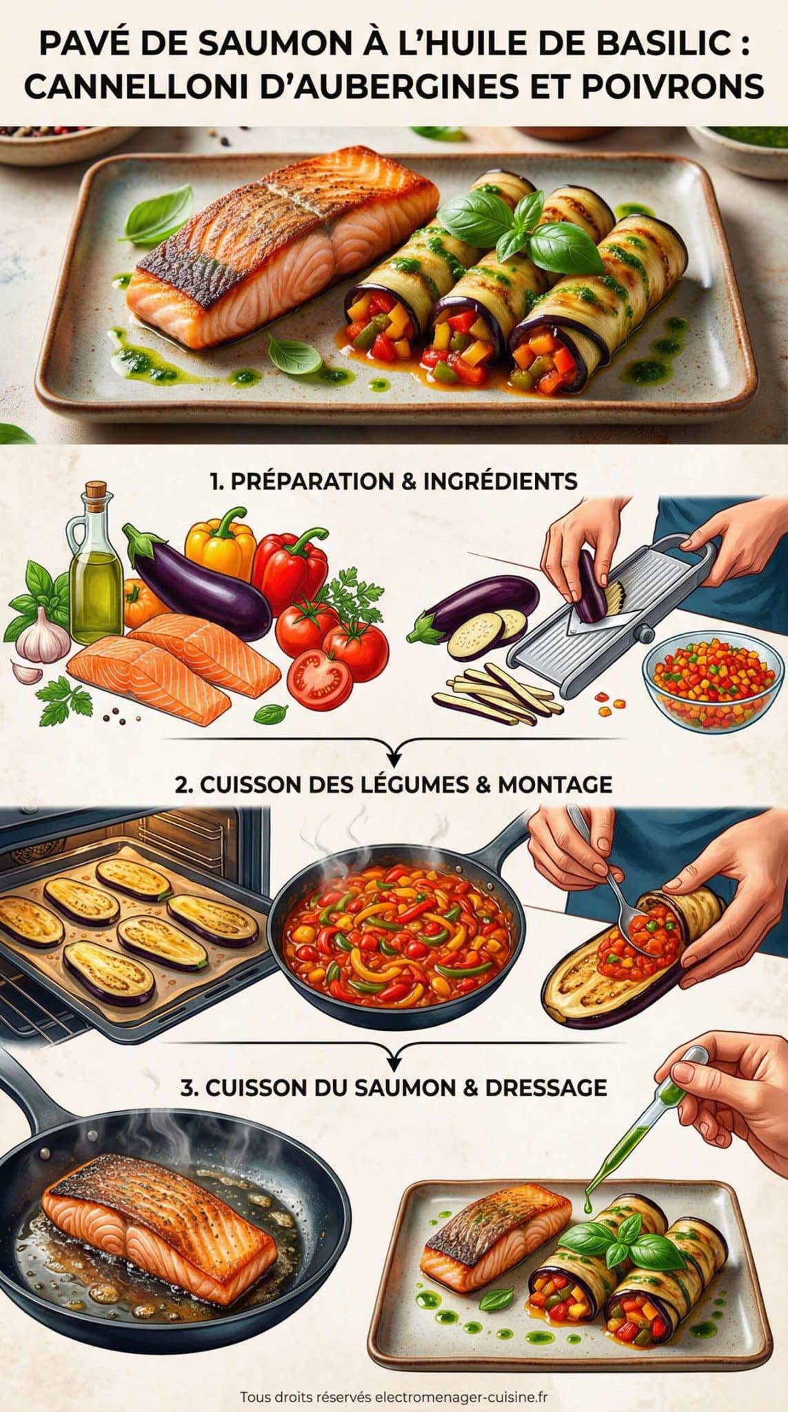 Fiche recette Pav&eacute; de saumon &agrave; l'huile de basilic : recette gourmande de cannelloni d'aubergines et poivrons