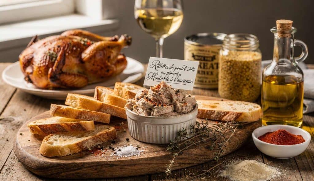 Rillettes de poulet rôti au piment et moutarde à l'ancienne