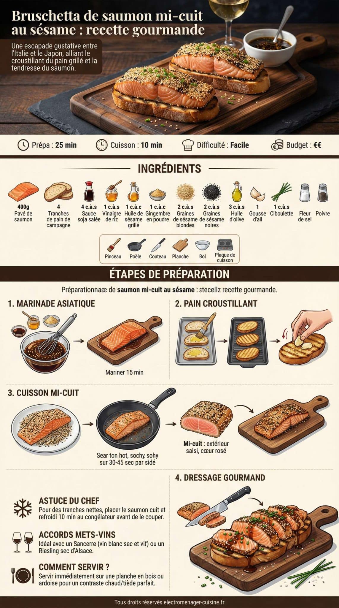 Fiche recette Bruschetta de saumon mi-cuit au s&eacute;same : recette gourmande
